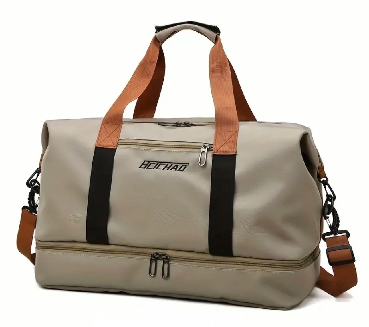 A beige duffel bag with brown leather handles and straps, black vertical webbing accents. shown on a plain white background.
