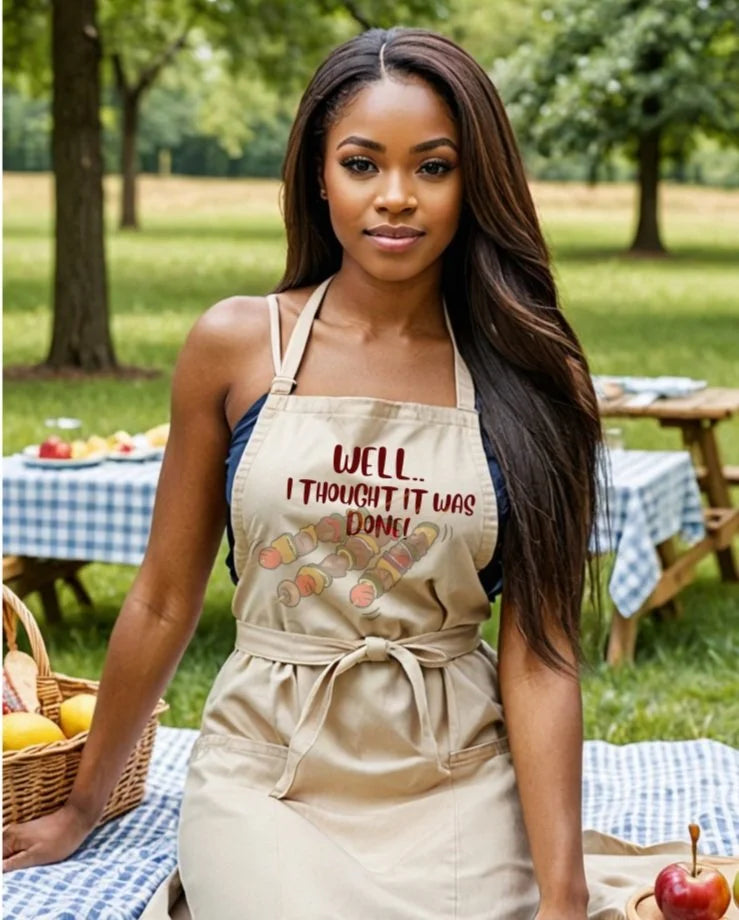 A woman wearing a beige apron with a picnic setup in a park background. The apron features the text 'WELL.