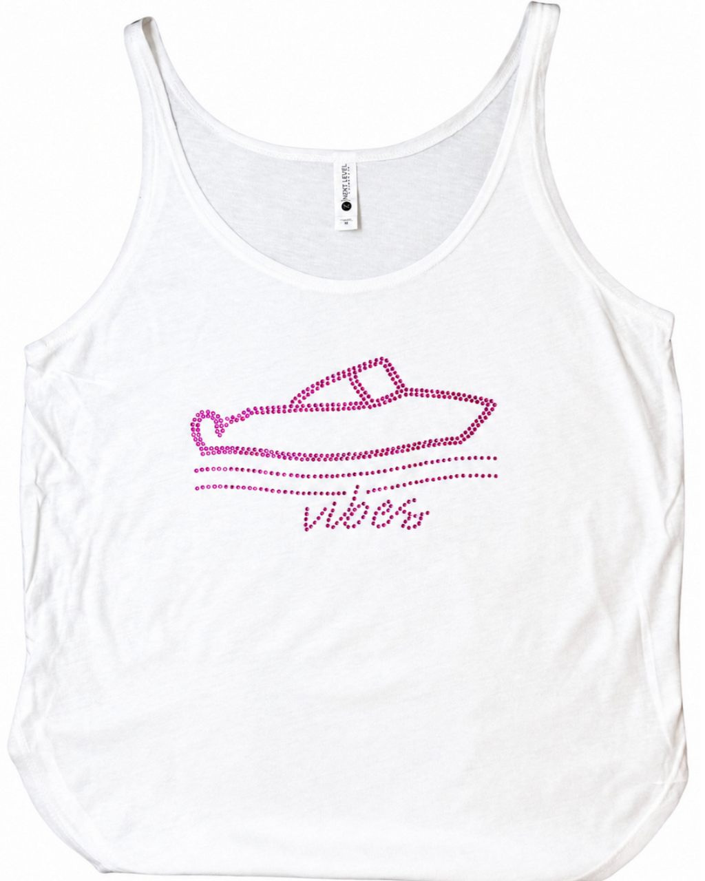 A white tank top featuring a pink rhinestone boat graphic and the word 'vibes' in script on the front, displayed against a plain white background.

