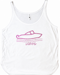 A white tank top featuring a pink rhinestone boat graphic and the word 'vibes' in script on the front, displayed against a plain white background.

