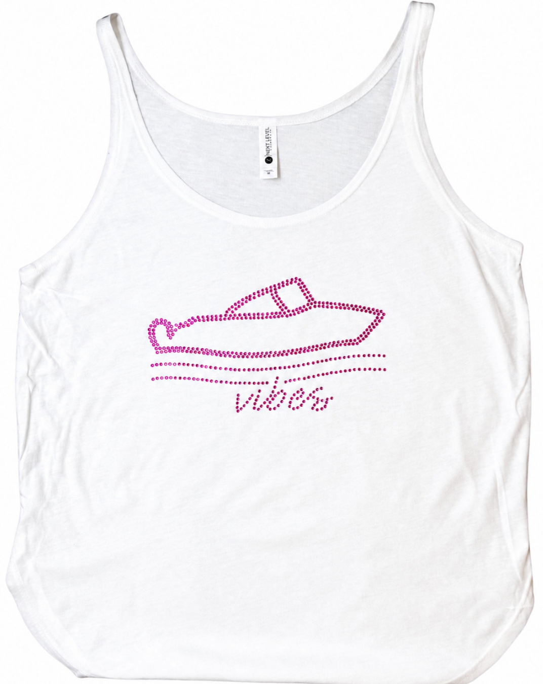 A white tank top featuring a pink rhinestone boat graphic and the word 'vibes' in script on the front, displayed against a plain white background.

