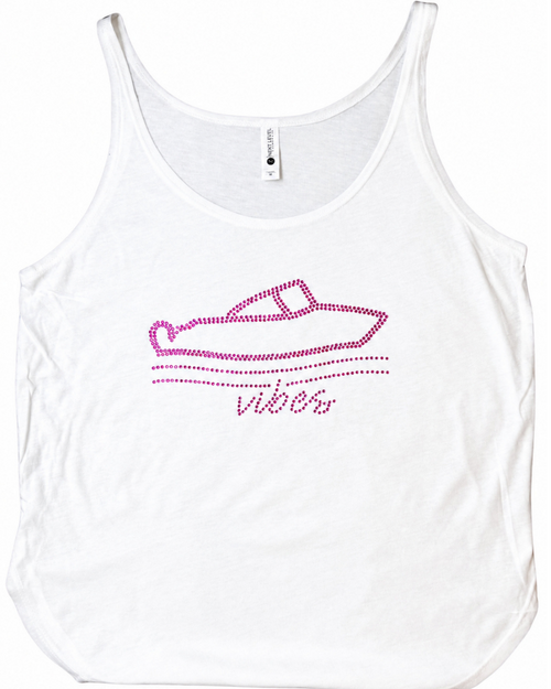 A white tank top featuring a pink rhinestone boat graphic and the word 'vibes' in script on the front, displayed against a plain white background.

